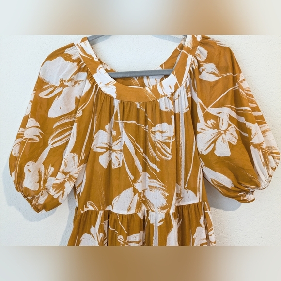 Christy Lynn Orange Floral Cotton Puff-Sleeve Tiered Flowy Audrey Midi Dress - Picture 7 of 13